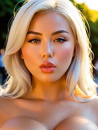 A platinum blonde woman with large blue eyes lounges near Tokyo 39 s Harajuku Bridge under the golden hour glow