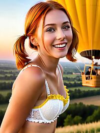 Woman with ginger hair floats above the ground on a hot air balloon during sunset