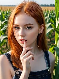 A sultry redhead 19 and petite poses by sun drenched fields of corn on a farm